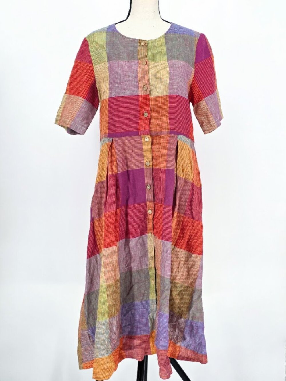 Roolee Taste the Rainbow Plaid Button Front Linen Blend Dress Small EUC
